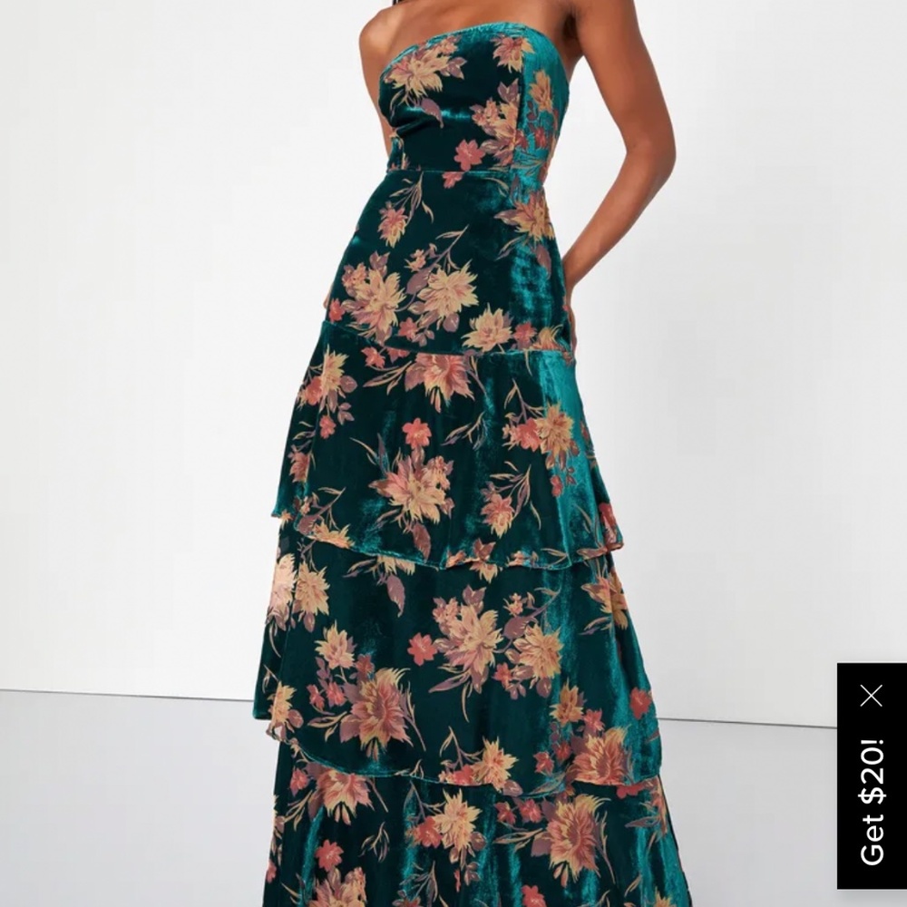 Real Allure Emerald Floral Burnout Velvet Strapless Maxi Dress